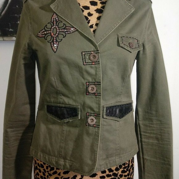 "JADED BY KNIGHT” Army Green Moto Blazer/Black Real LeatherAccents&Crystals M - Picture 3 of 8